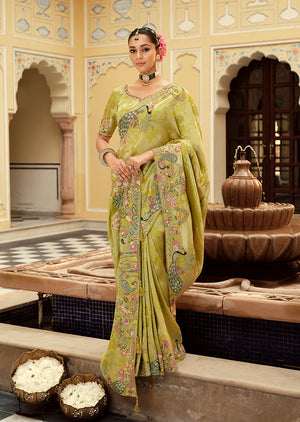 Light Green Silk Blend Saree with Zari Embroidered Border