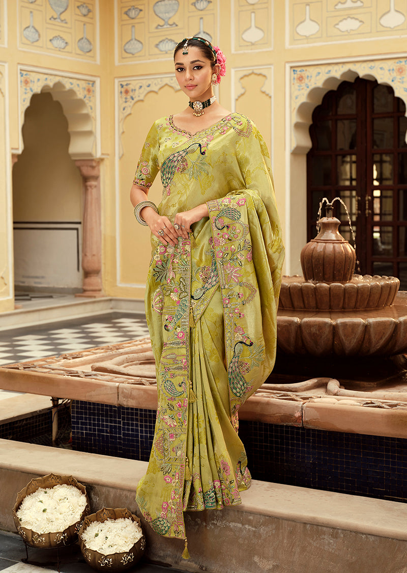 Light Green Silk Blend Saree with Zari Embroidered Border, front
