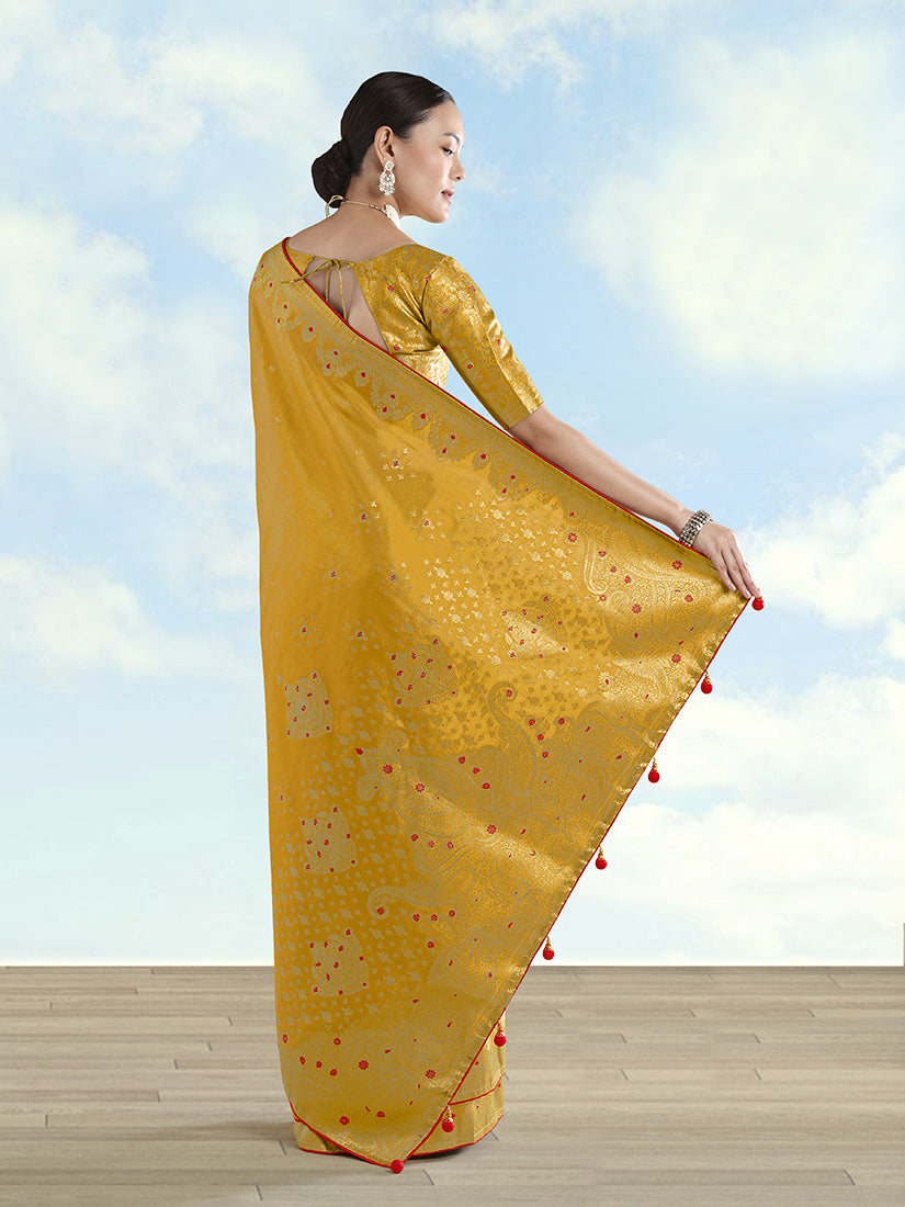 Mustard Tissue Silk Saree with Zari Paisley Pallu, back with pallu