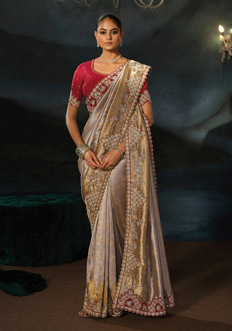 Gray Silk Blend Saree with Beaded Floral Pallu, pallu drape