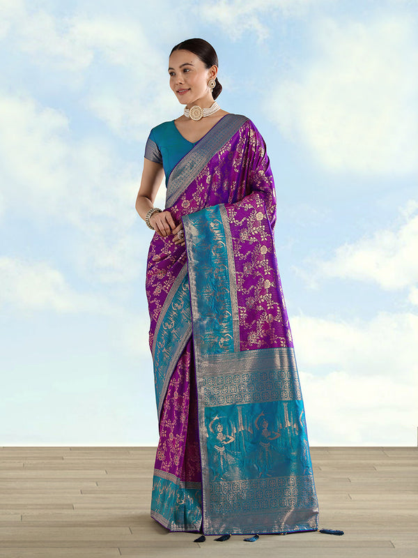 Purple Banarasi-Style Silk Blend Saree with Dancer Motif Pallu, front