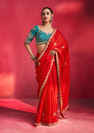 Red Silk Blend Saree with Teal Blue Blouse