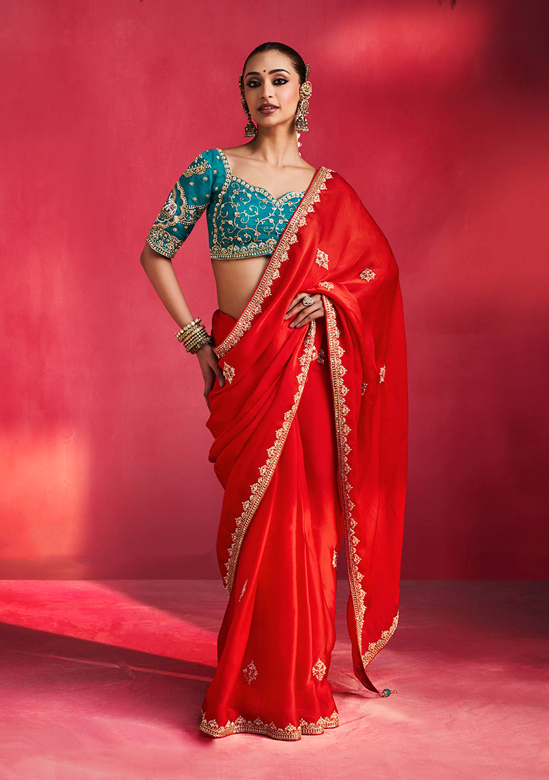 Red Silk Blend Saree with Teal Blue Blouse, front
