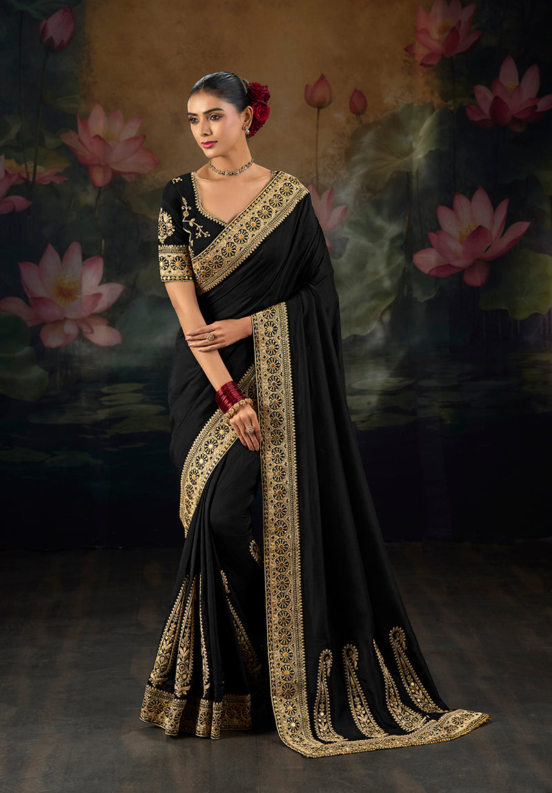 Black Silk Blend Saree with Circular Motif Pallu, front