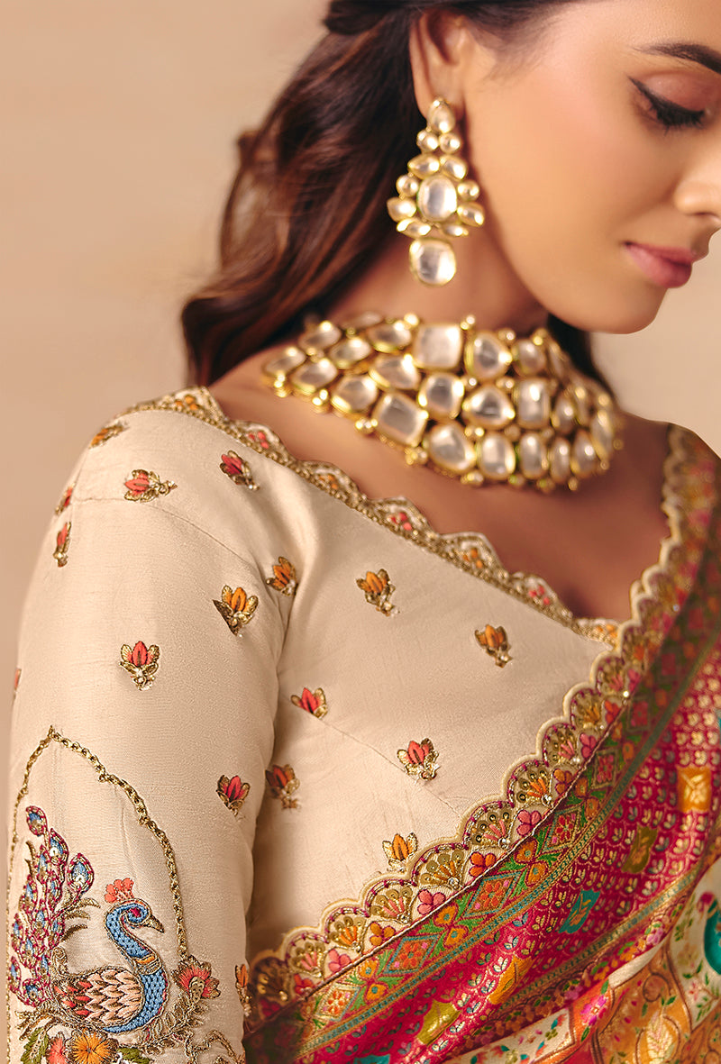 Cream Silk Blend Saree with Multicolor Thread Work Pallu, blouse front
