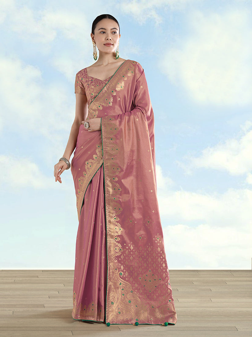 Light Pink Tissue Silk Saree with Zari Paisley Pallu, front