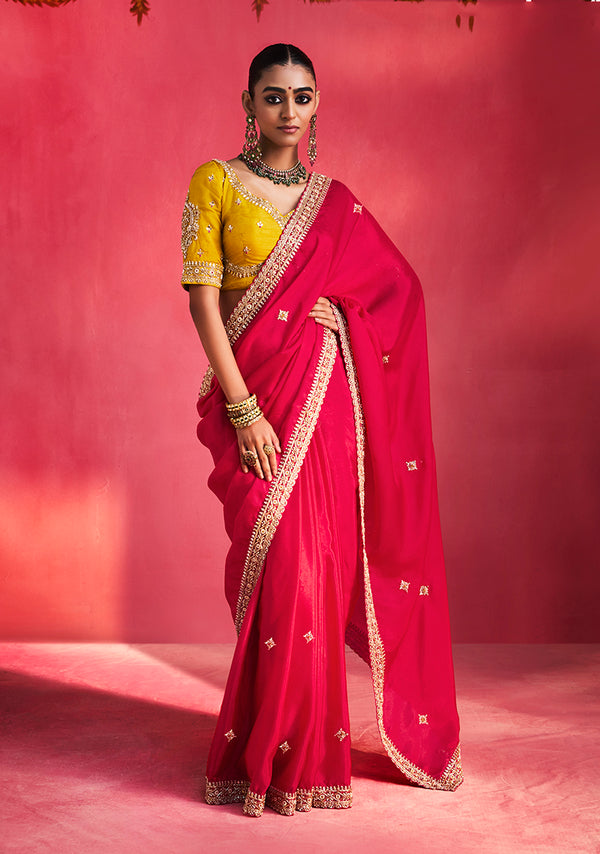 Rani Pink Silk Blend Saree with Mustard Yellow Blouse, front