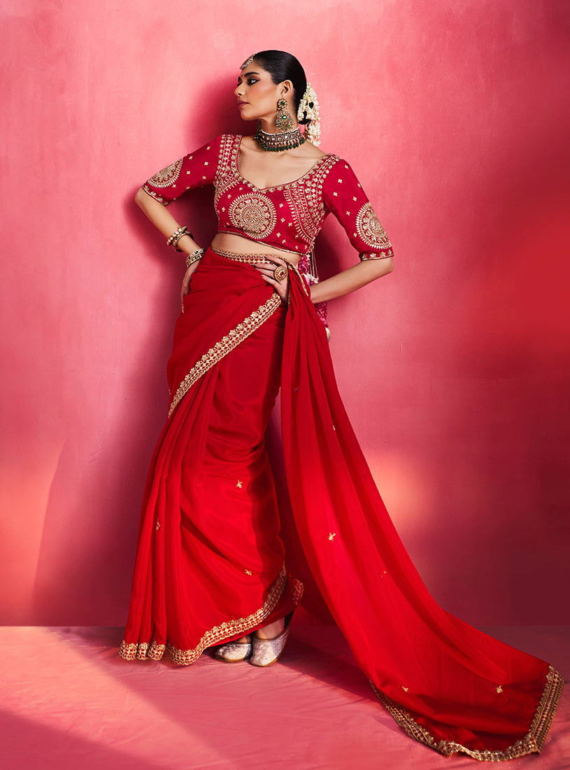 Red Silk Blend Saree with Embroidered Blouse, front drape
