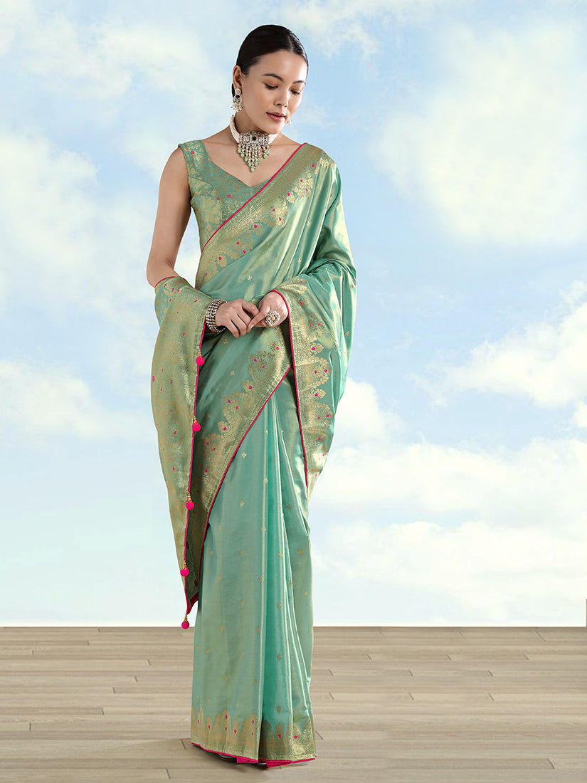 Light Blue Tissue Silk Saree with Zari Paisley Pallu, front drape