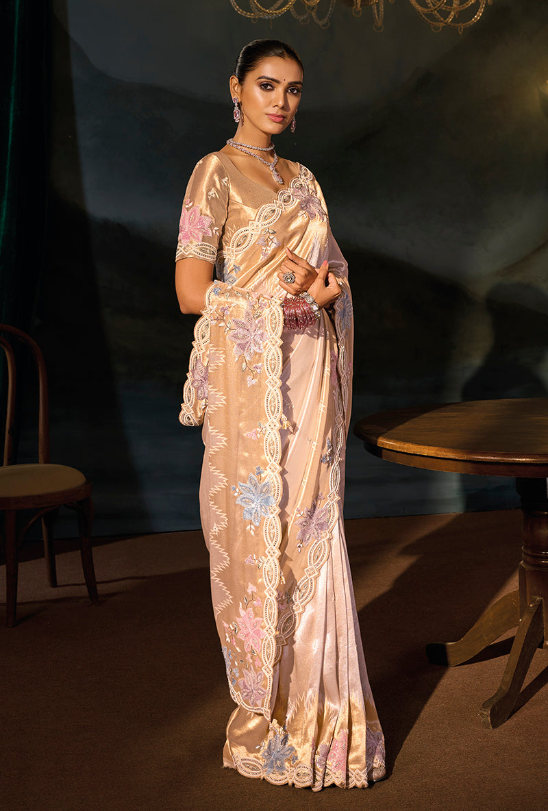 Rose Gold Silk Blend Saree with Scalloped Floral Border, side drape