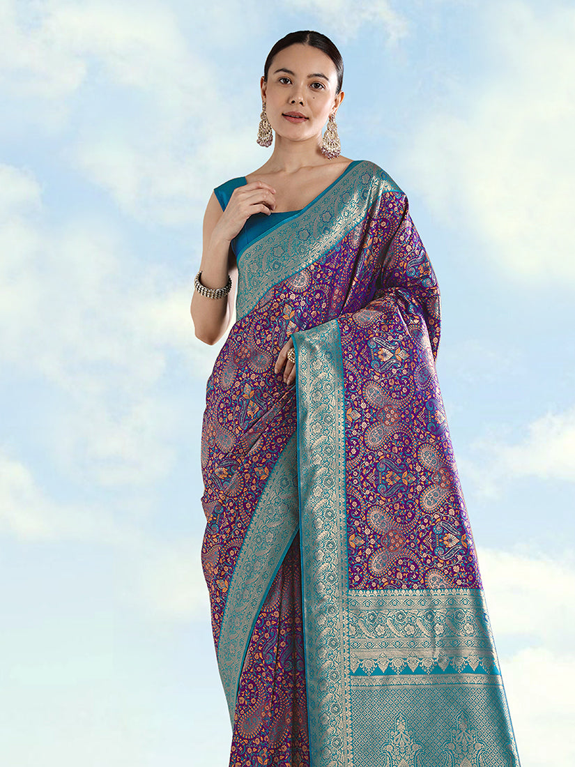 Purple Banarasi-Style Silk Blend Saree with Paisley Weave, three-quarter view