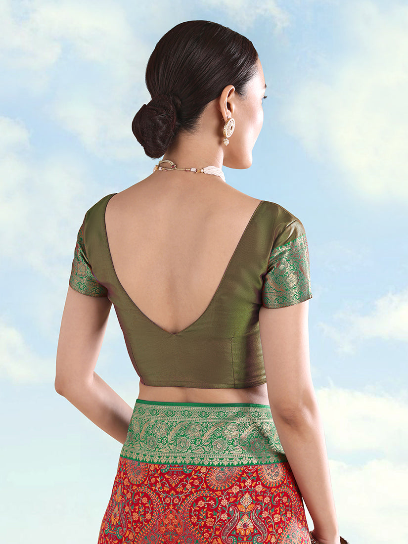 Red Banarasi-Style Silk Blend Saree with Paisley Weave, blouse back
