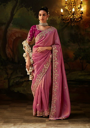 Onion Pink Faux Tissue Saree with Embroidered Scalloped Border