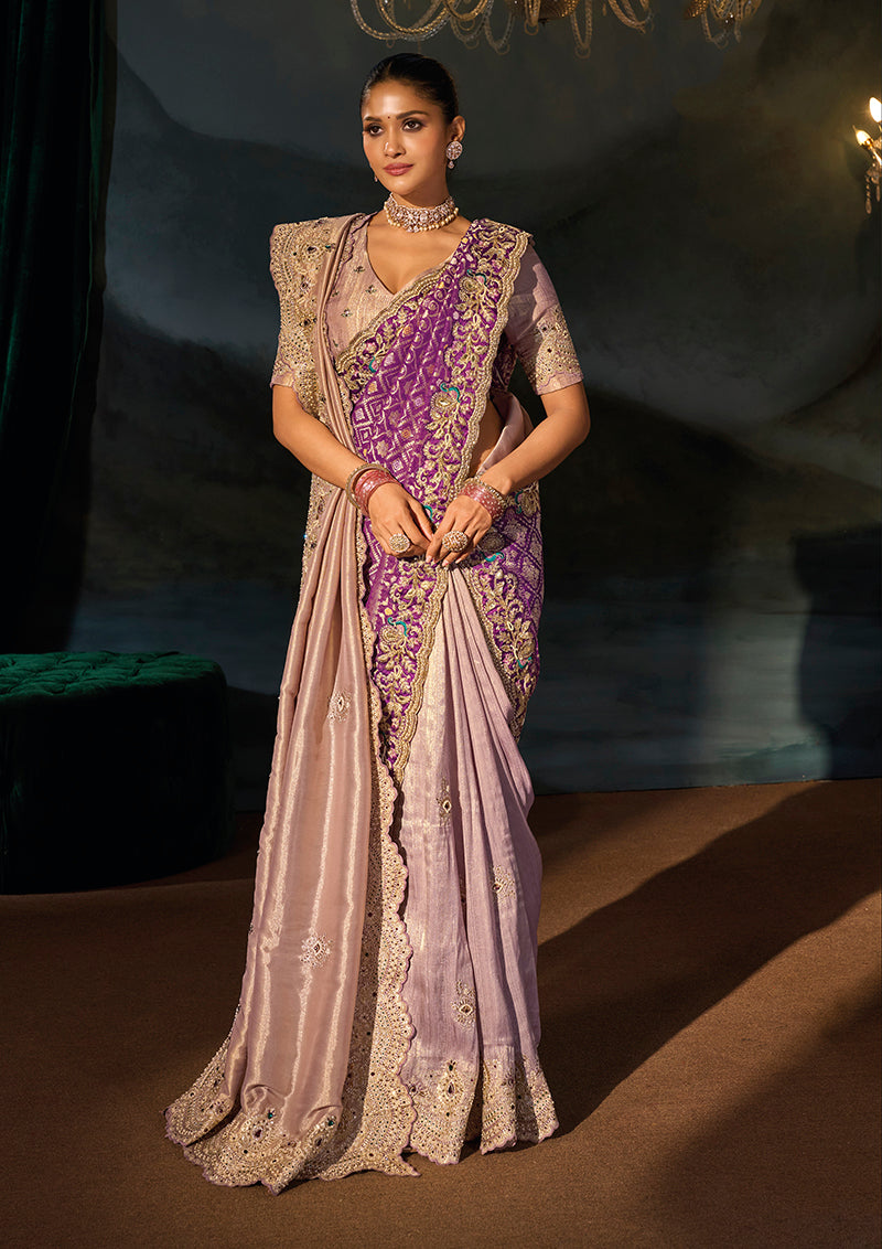 Lilac Silk Blend Saree with Embellished Scalloped Border, pallu drape