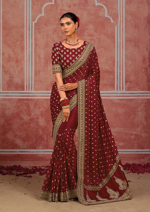 Maroon Silk Blend Saree with Embroidered Border