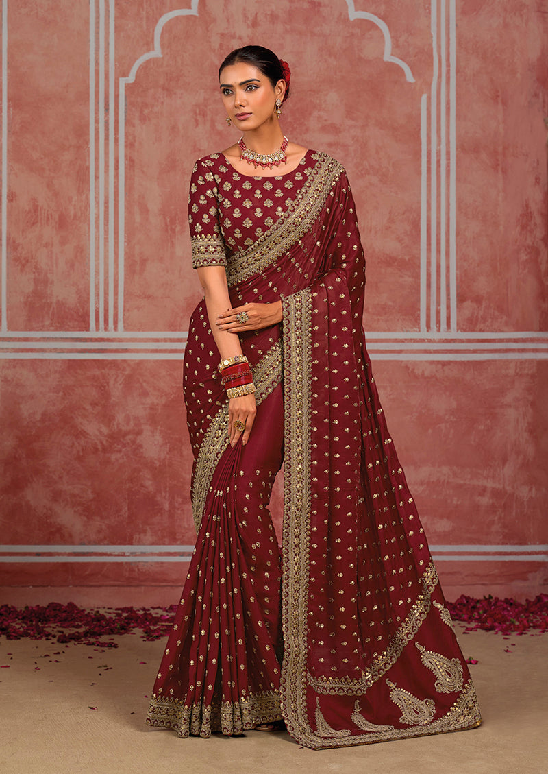 Maroon Silk Blend Saree with Embroidered Border, front