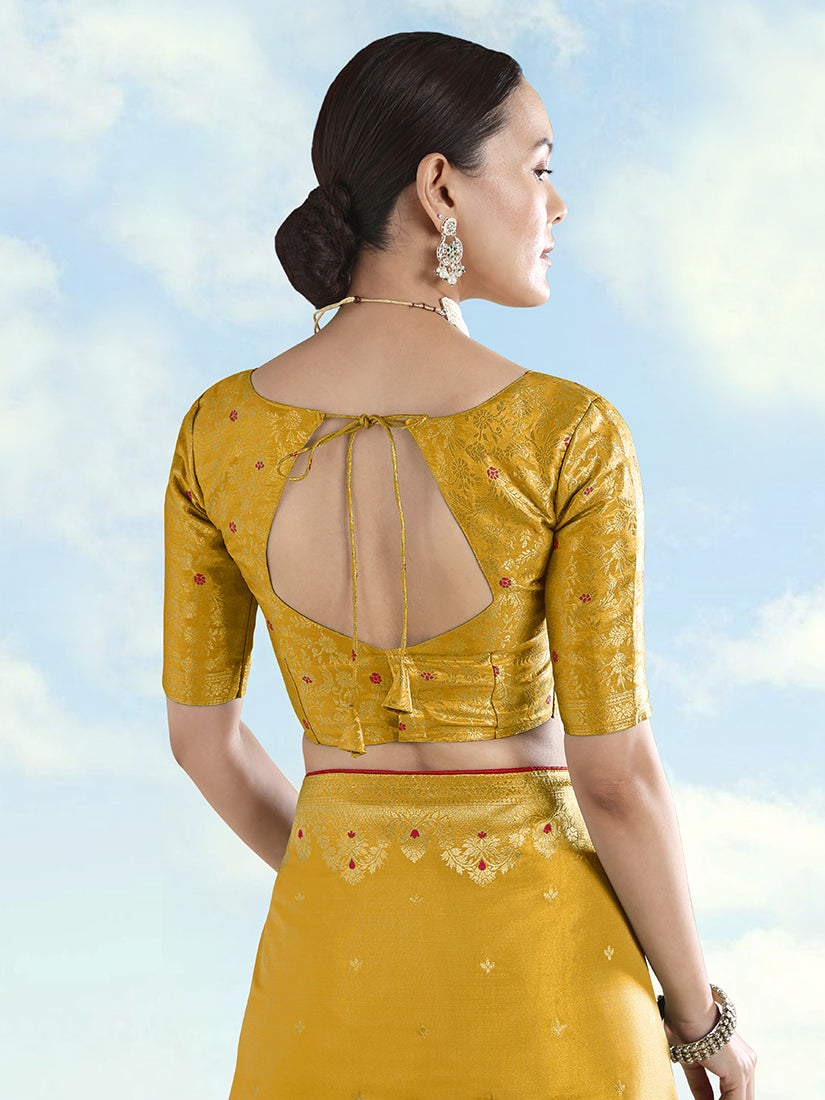 Mustard Tissue Silk Saree with Zari Paisley Pallu, blouse back
