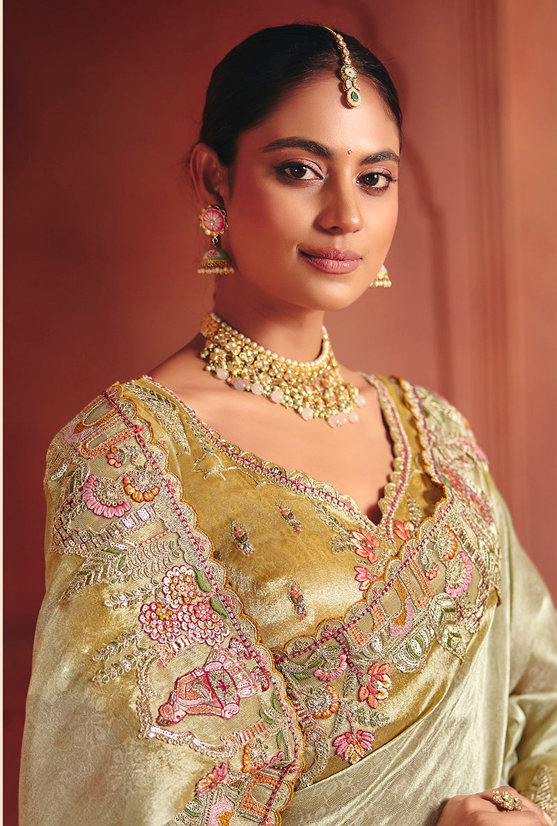Light Green Silk Blend Saree with Embellished Embroidered Border, blouse front