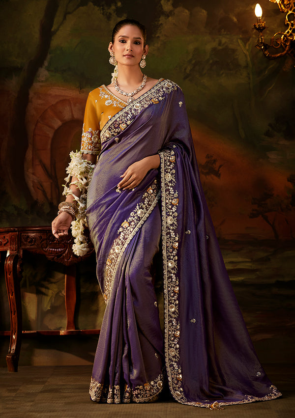 Violet Faux Tissue Saree with Embroidered Scalloped Border, front