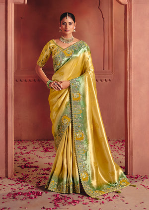 Mustard Silk Blend Saree with Embellished Embroidered Border