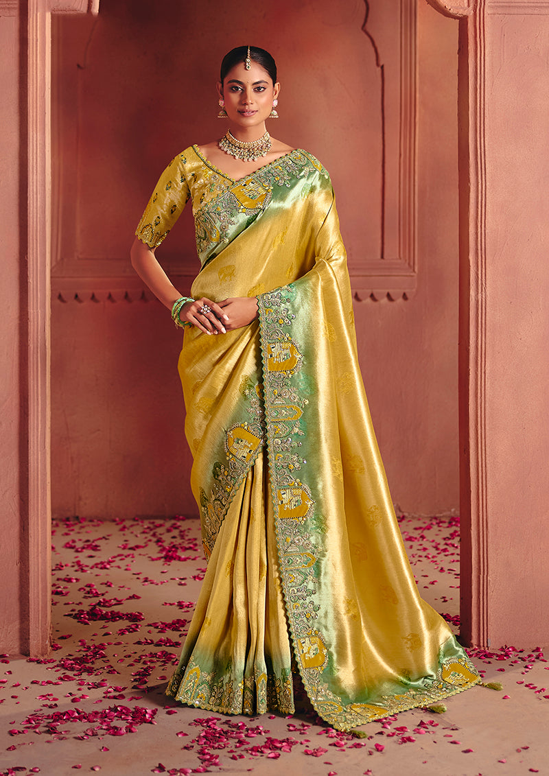 Mustard Silk Blend Saree with Embellished Embroidered Border, front
