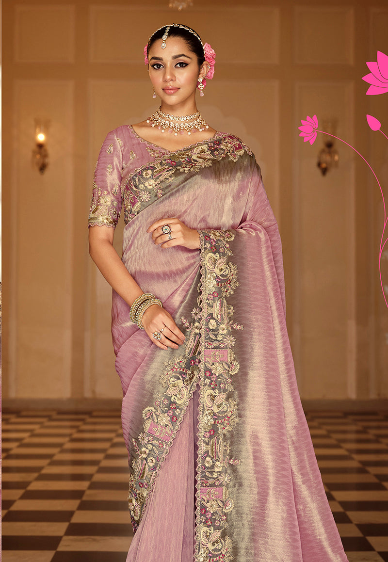 Onion Pink Silk Blend Saree with Zari Embroidered Border, blouse front