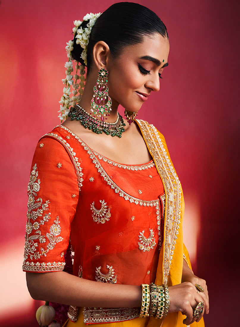 Mustard Yellow Silk Blend Saree with Red Blouse, blouse front