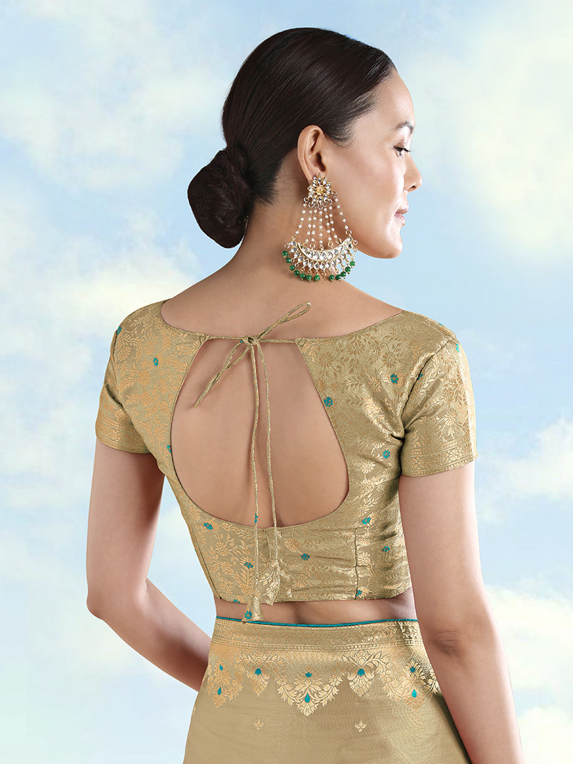 Cream Tissue Silk Saree with Zari Paisley Pallu, blouse back