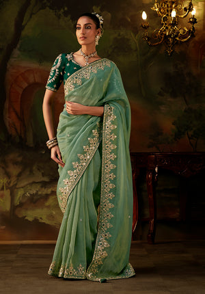 Pista Green Faux Tissue Saree with Embroidered Scalloped Border
