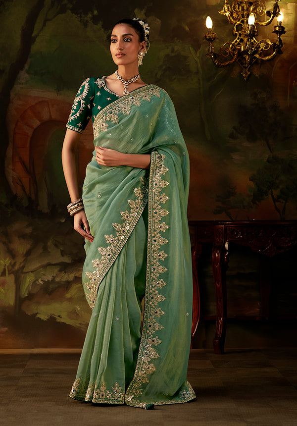 Pista Green Faux Tissue Saree with Embroidered Scalloped Border, front