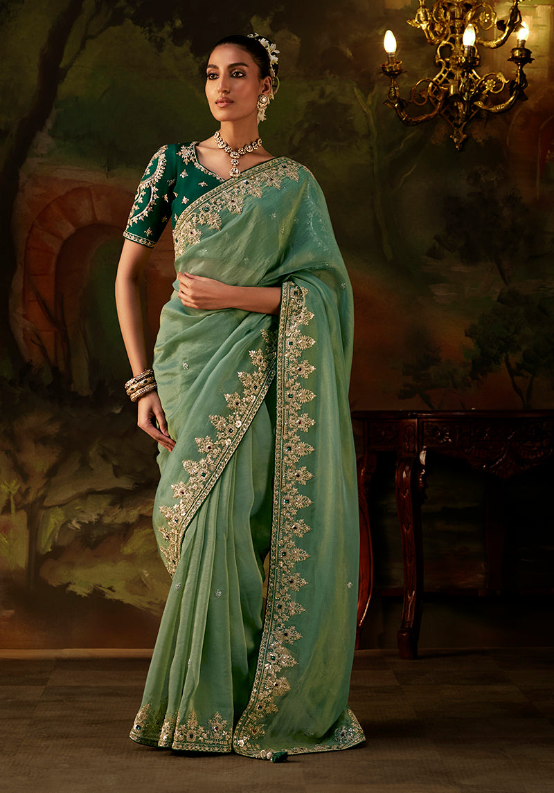 Pista Green Faux Tissue Saree with Embroidered Scalloped Border, front
