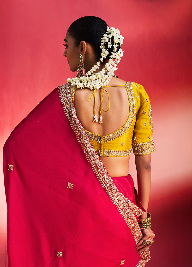 Rani Pink Silk Blend Saree with Mustard Yellow Blouse, back with pallu