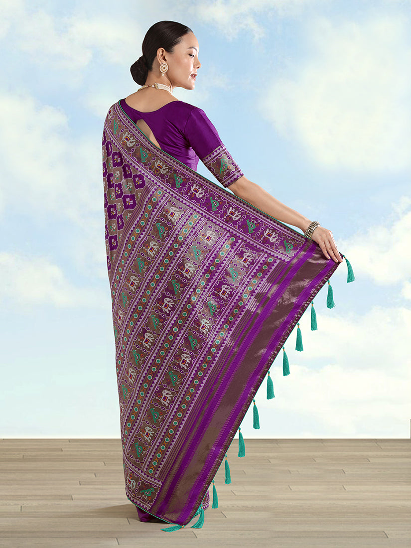 Purple Patola-Style Satin Saree with Elephant Motifs, back with pallu