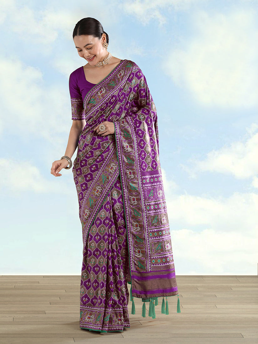 Purple Patola-Style Satin Saree with Elephant Motifs, front drape