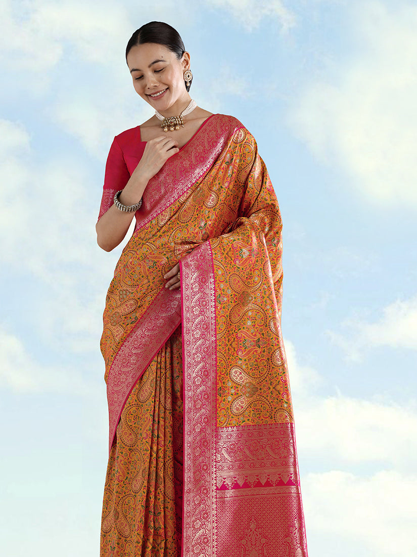 Mustard Banarasi-Style Silk Blend Saree with Paisley Weave, three-quarter view