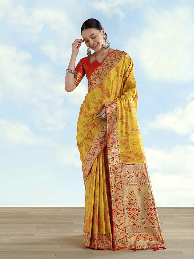 Mustard Paithani-Style Tissue Silk Saree with Contrast Border, front drape
