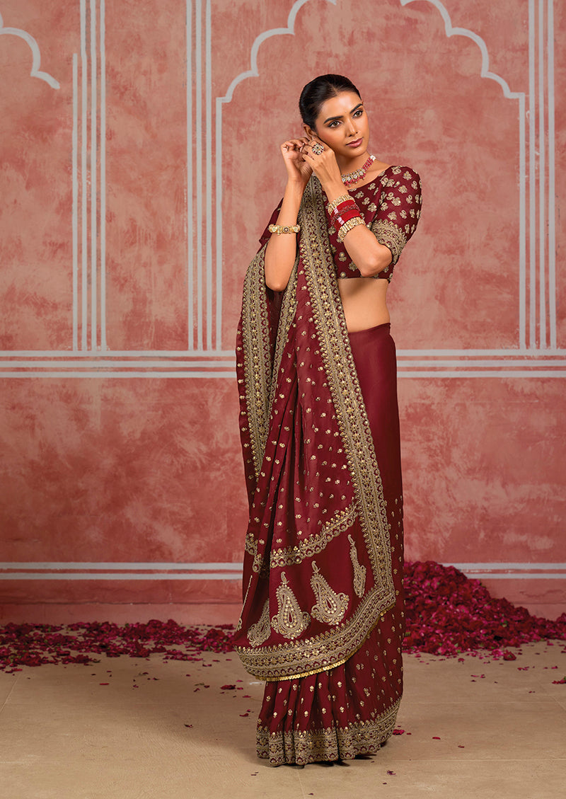 Maroon Silk Blend Saree with Embroidered Border, waist and border detail