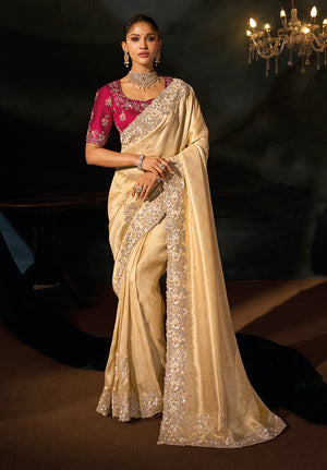 Beige Silk Blend Saree with Scattered Floral Motifs
