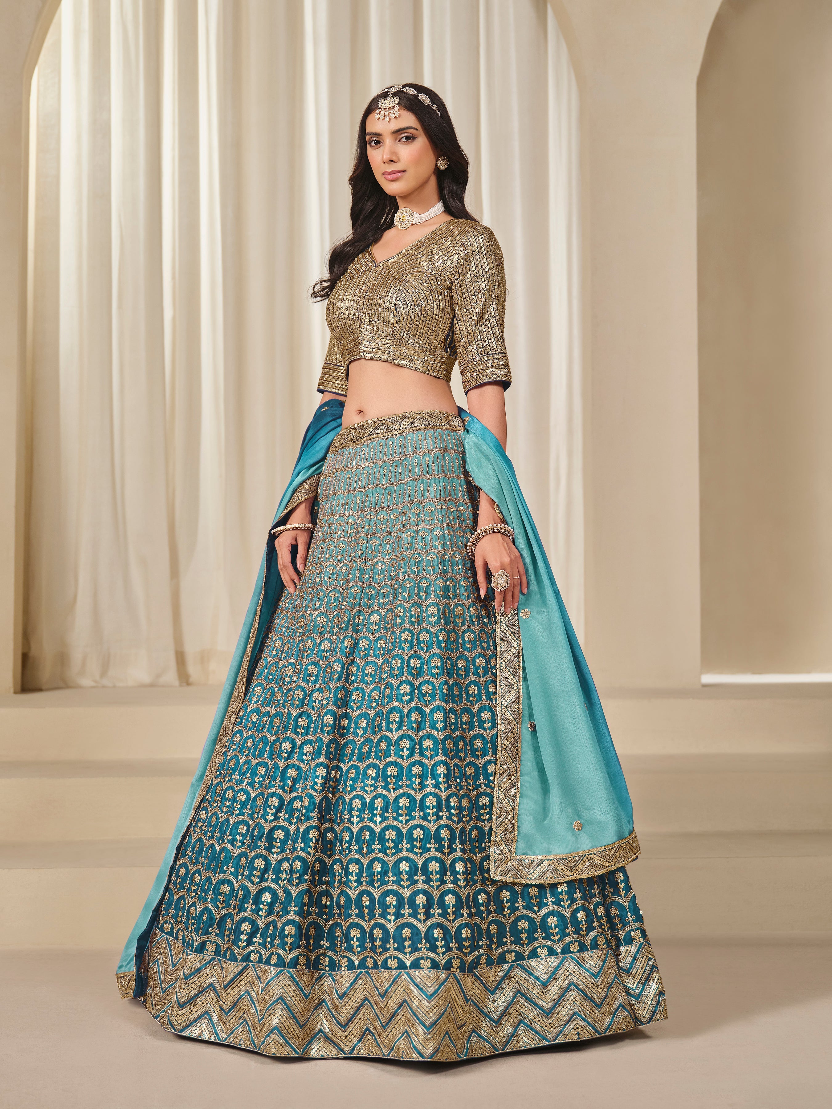 Firozi Chinon Silk Sequins and Zari Work Lehenga Choli