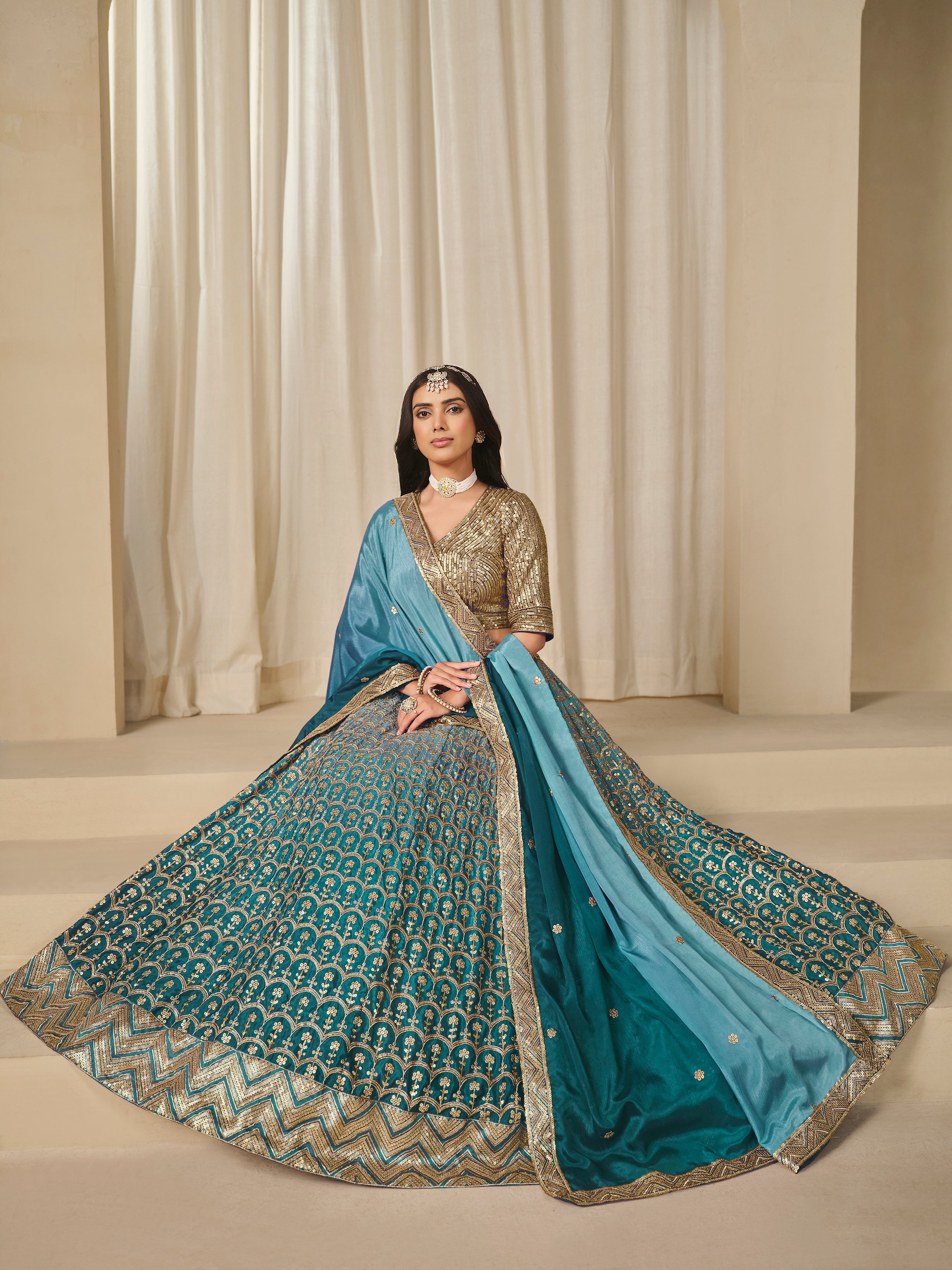 Firozi Chinon Silk Sequins and Zari Work Lehenga Choli