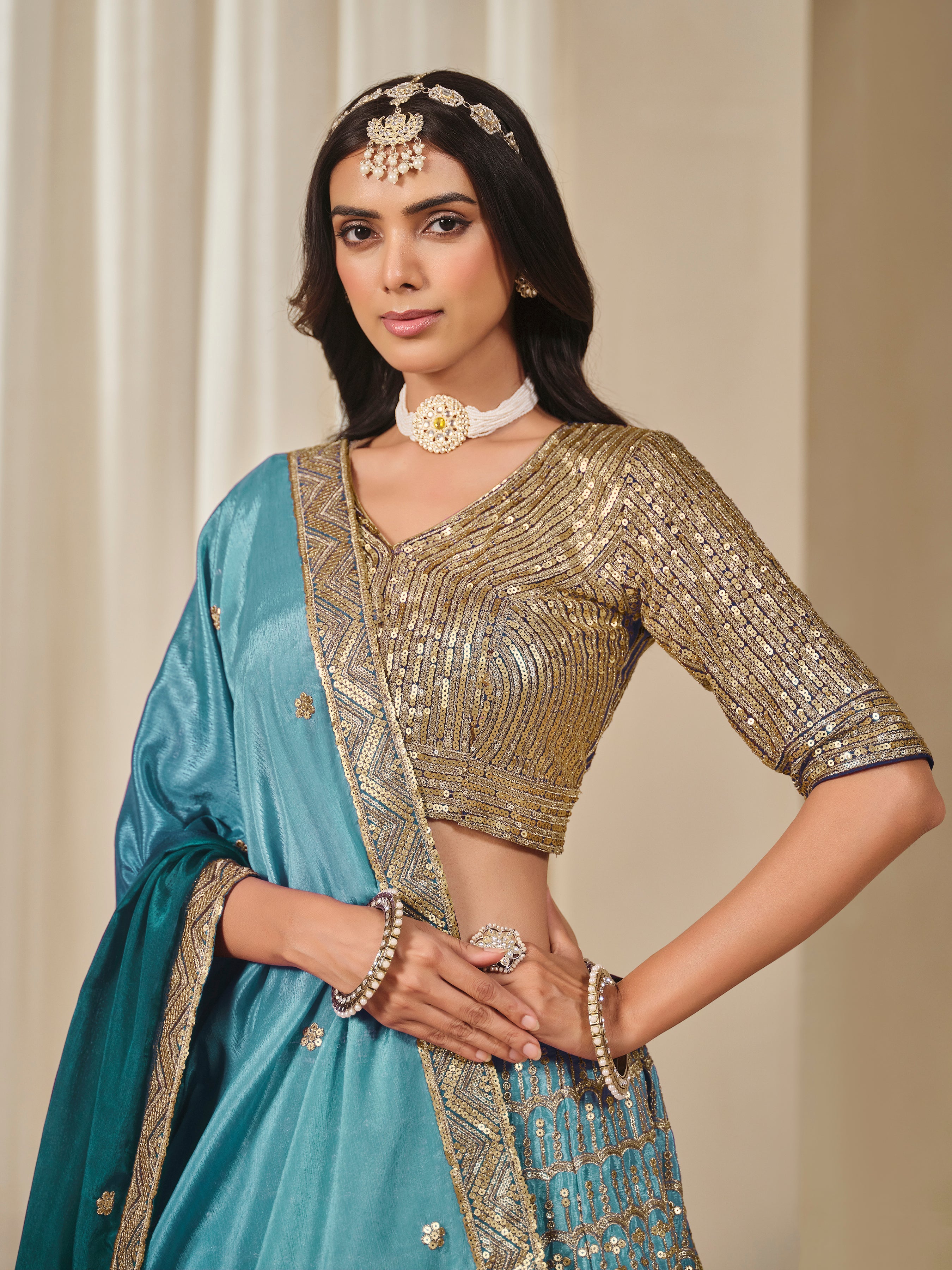 Firozi Chinon Silk Sequins and Zari Work Lehenga Choli