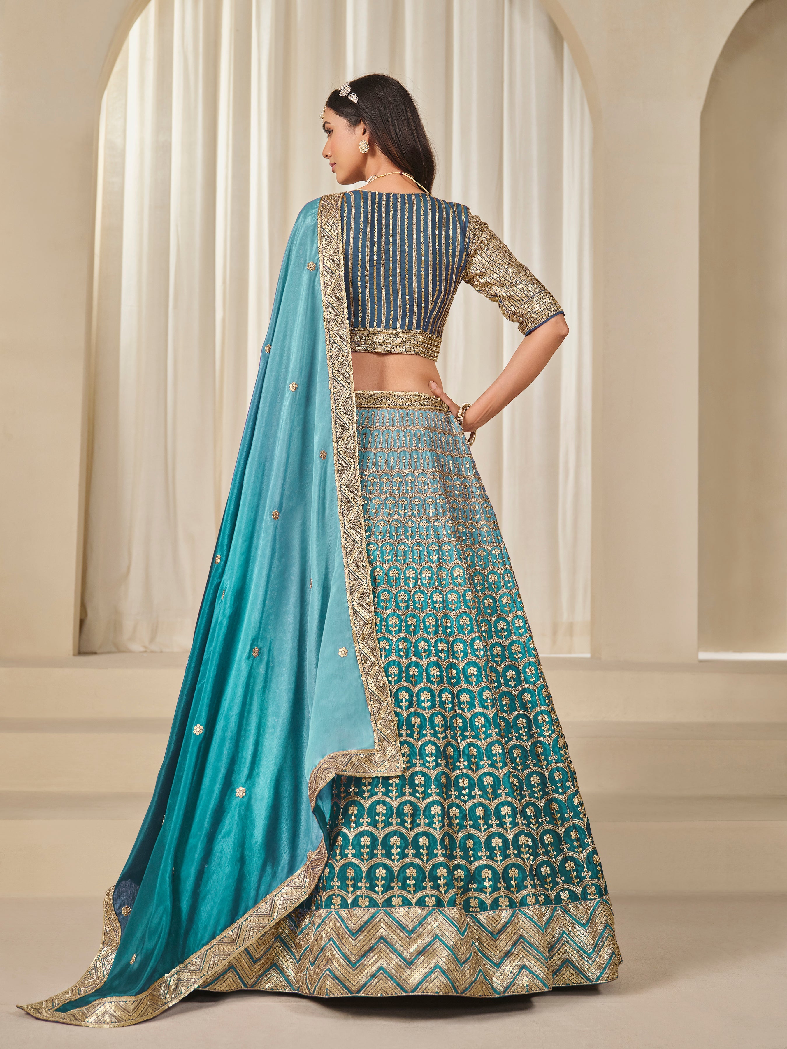 Firozi Chinon Silk Sequins and Zari Work Lehenga Choli