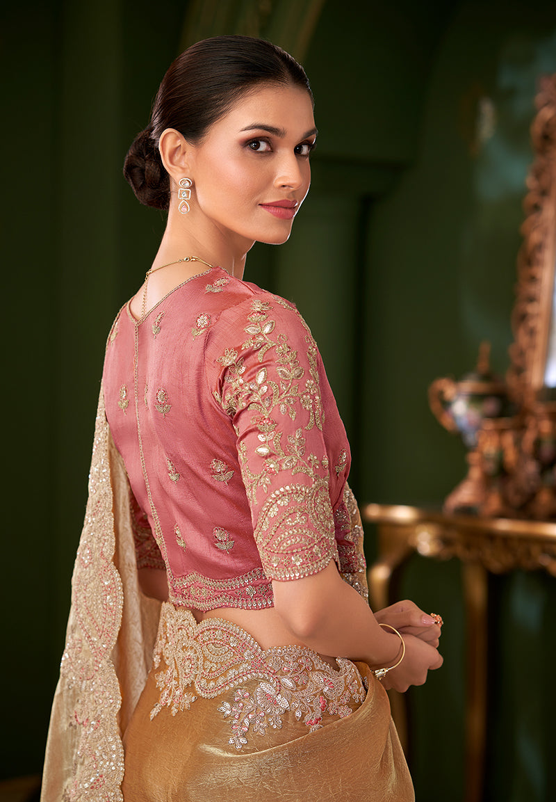 Gold Beige Color Shining Satin Chiffon Silk Saree With Heavy Work Blouse