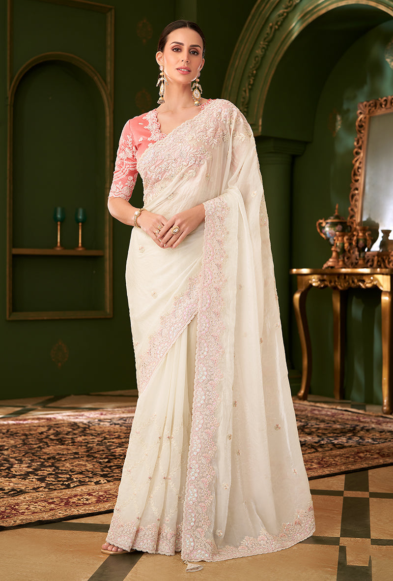 White Color Shining Georgette Silk Saree With Heavy Work Blouse