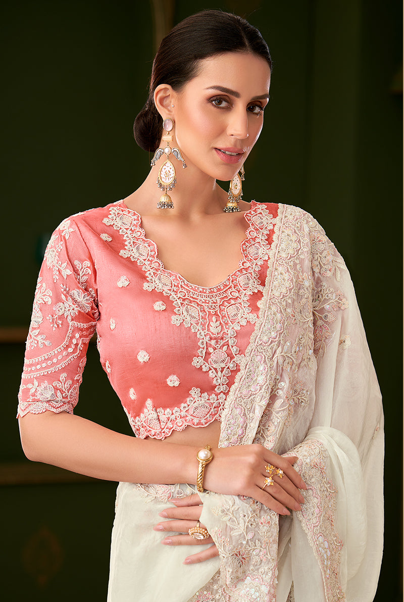 White Color Shining Georgette Silk Saree With Heavy Work Blouse
