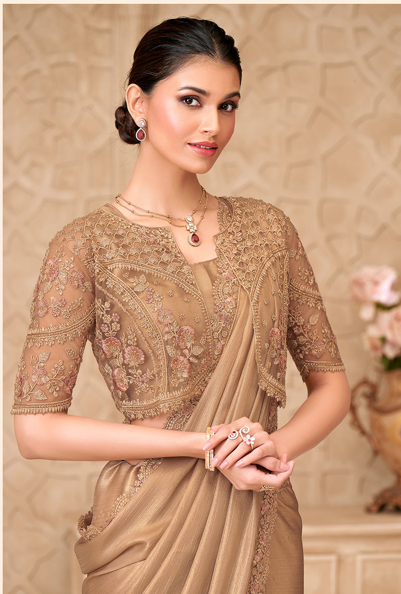 Gold Shimmer Satin Georgette Fancy Designer Saree With Jacket Style Blouse