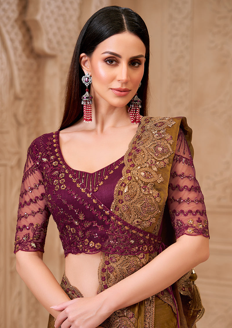 Golden Brown Color Satin Georgette Embroidered Fancy Designer Saree