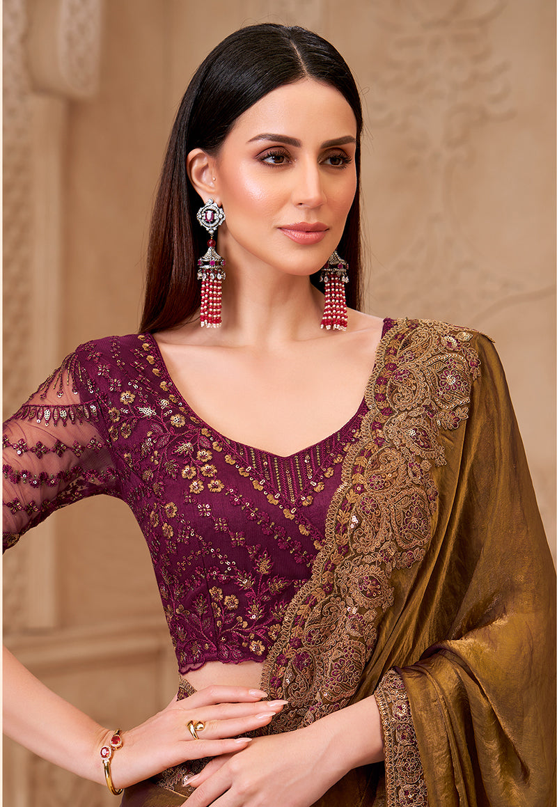 Golden Brown Color Satin Georgette Embroidered Fancy Designer Saree