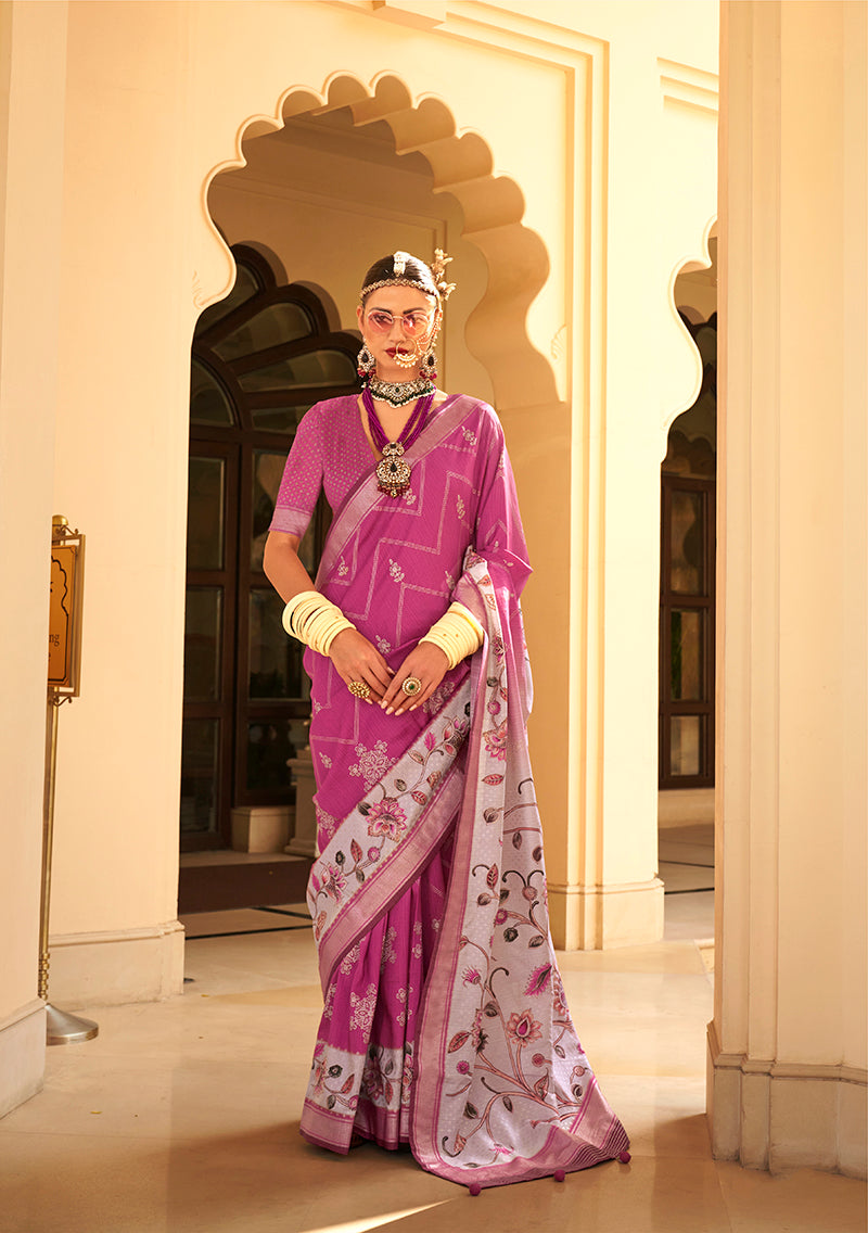 Magenta Silk Foil Print Saree With Floral Pallu