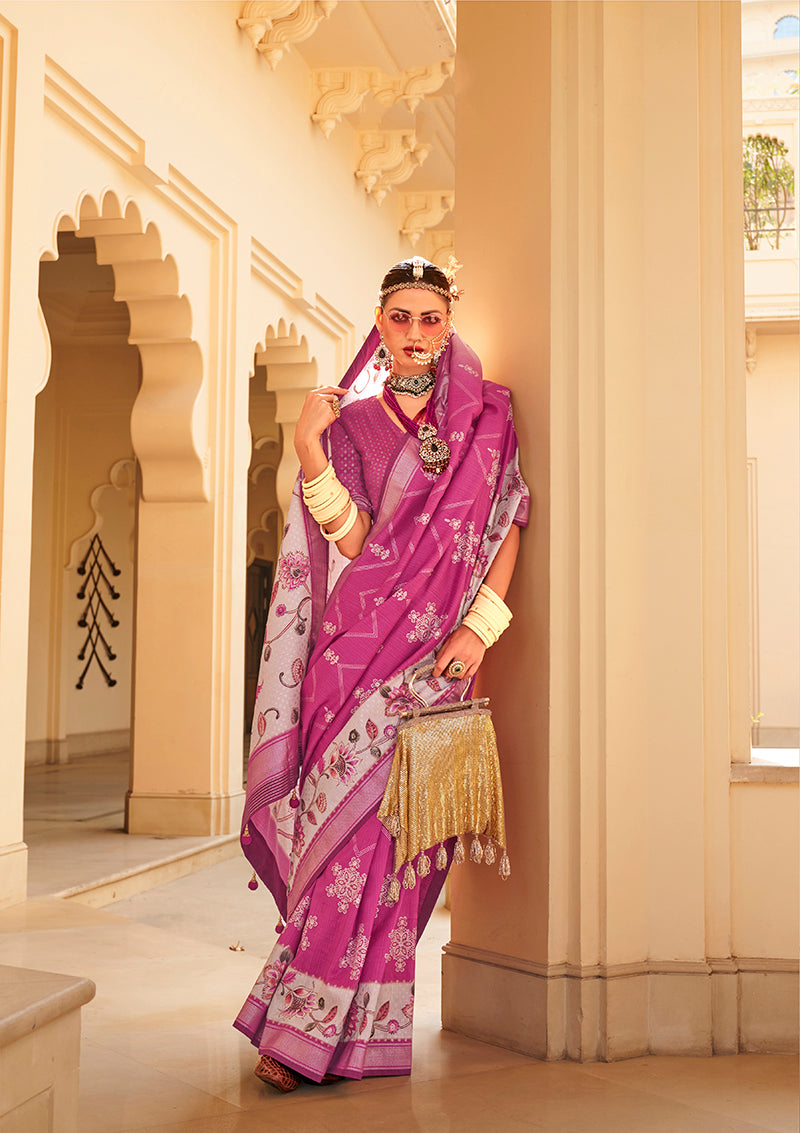Magenta Silk Foil Print Saree With Floral Pallu